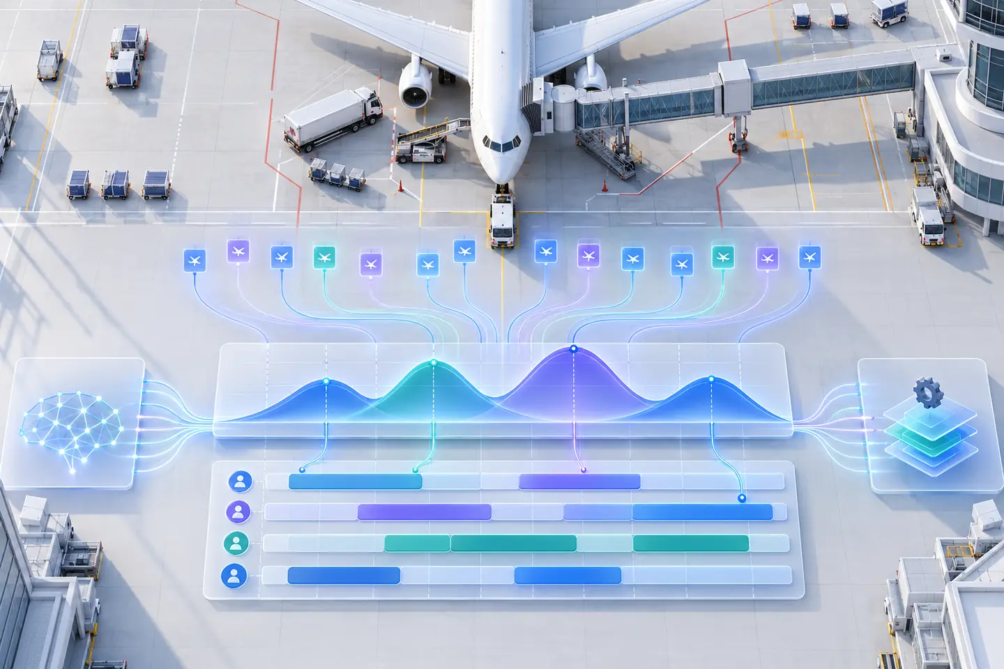 AI view of airport flight events forming a workforce demand curve and optimized shift bands