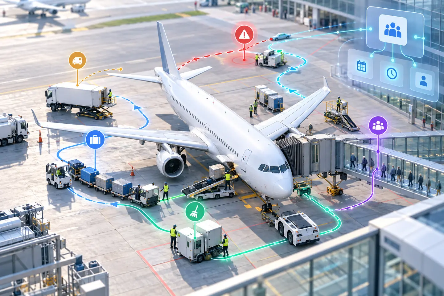 Real time aircraft turnaround with task paths, a delay conflict and an AI recovery route